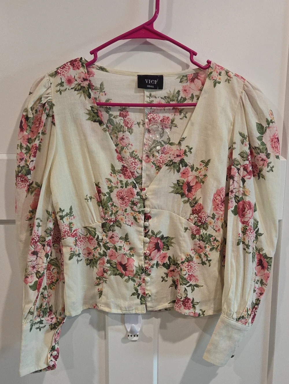 VICI Cream Floral Button-Up Puff Sleeve Blouse - Pink & Green - Picture 2 of 7
